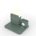 Dark green Qi wireless charger stand with foldable phone cradle showing 3-in-1 multifunction design