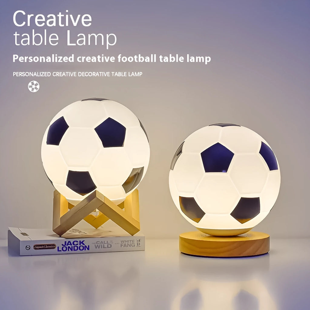 Football LED small glass night lamp with black and white football design on bedside table, USB powered, remote controlled