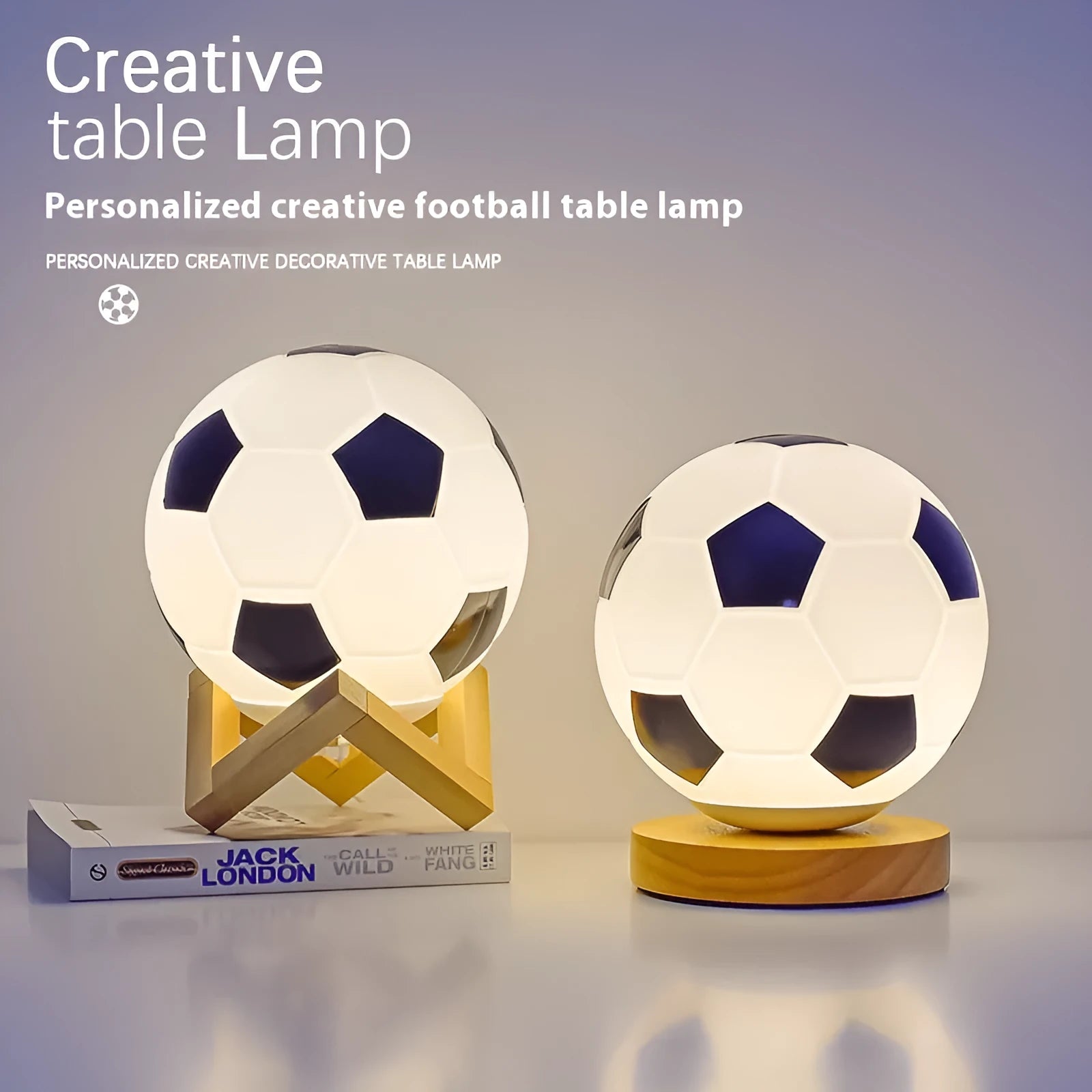 Football LED small glass night lamp with black and white football design on bedside table, USB powered, remote controlled