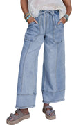 Beau blue wide leg denim pants with drawstring waist and raw hem seam detail