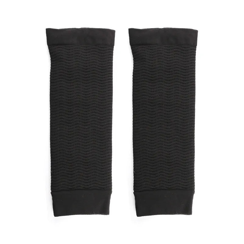 Women's nylon shaping arm sleeves in black and skin colour options with free size fit