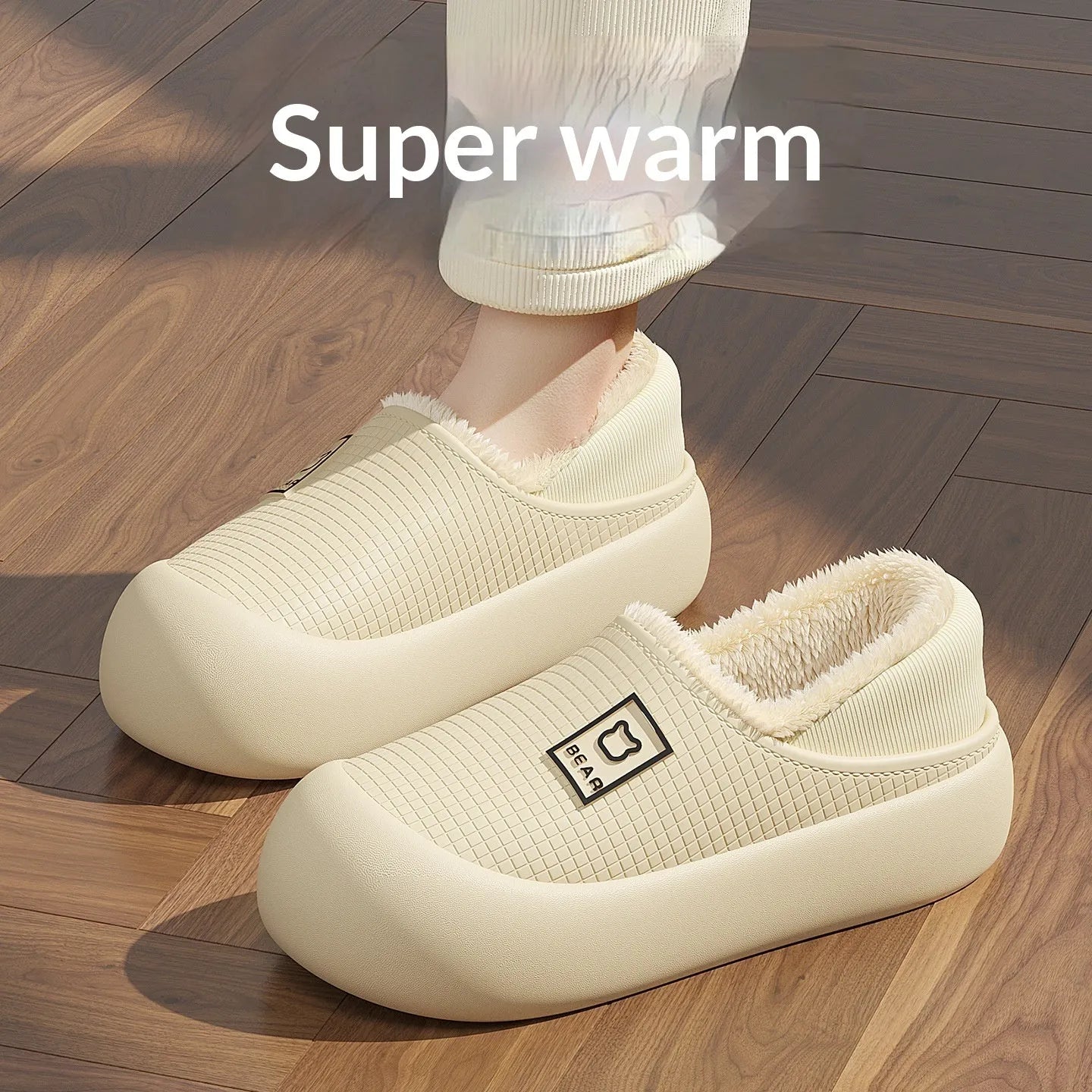 Indoor waterproof warm cotton slippers for women, thickened EVA upper, light coffee colour, cartoon pattern