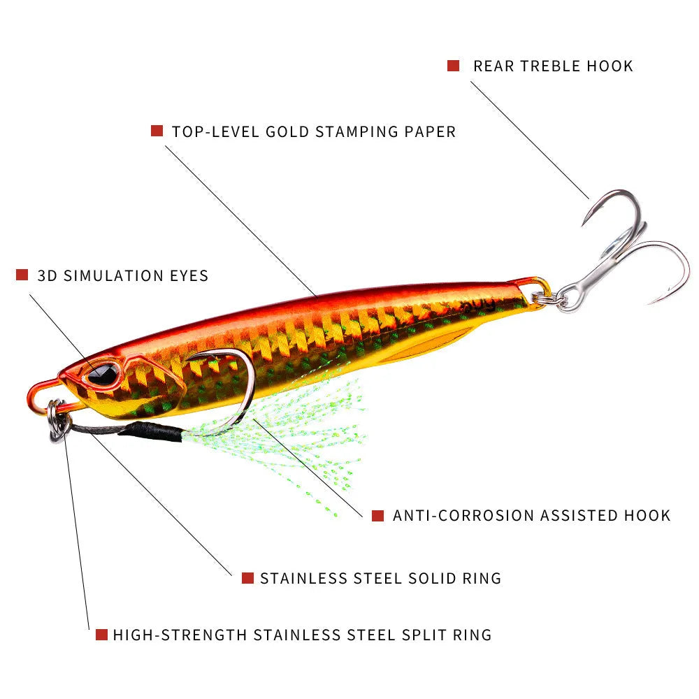 Luya Bait metal iron plate submerged tossing lure with treble hook, luminous finish, 10g and 60g weight options