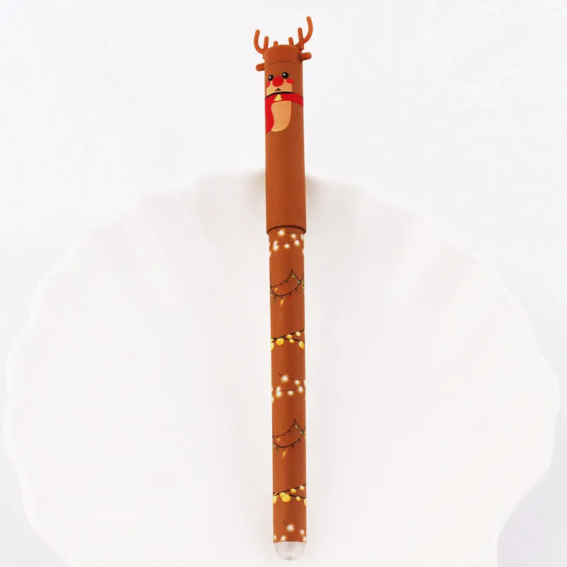 Four Christmas-themed erasable gel pens in a sleeve: Santa, gingerbread man, elk, and snowman designs