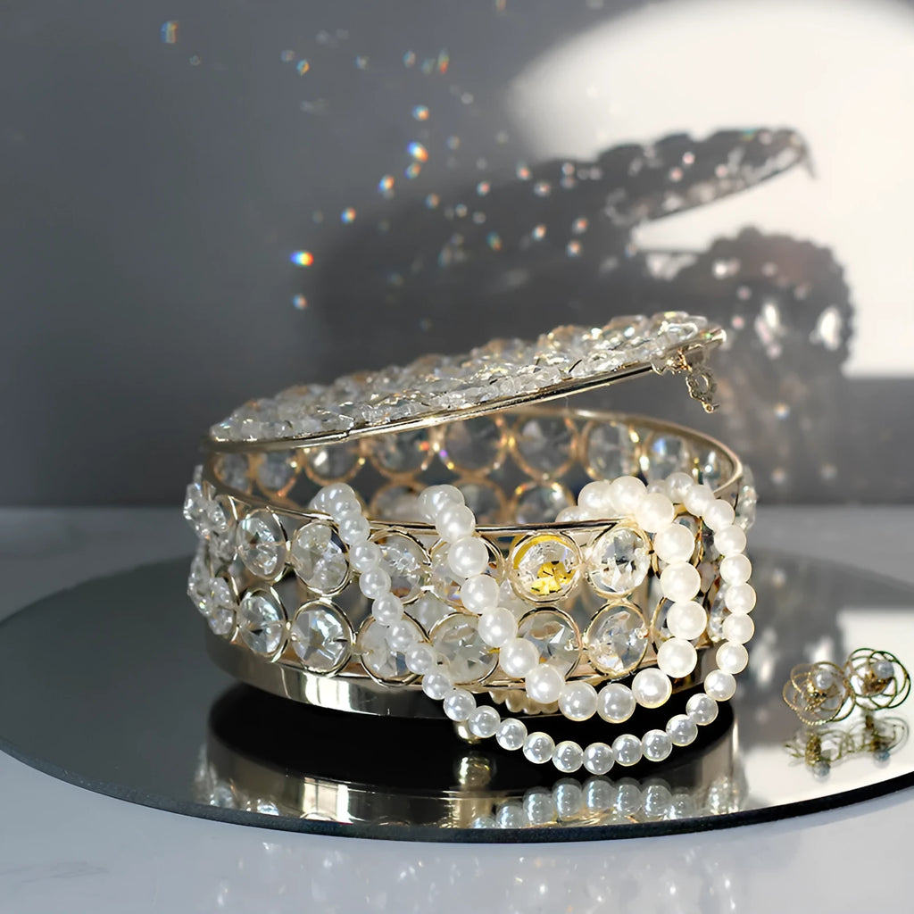 European style iron jewellery box with crystal glass lid in French gold colour