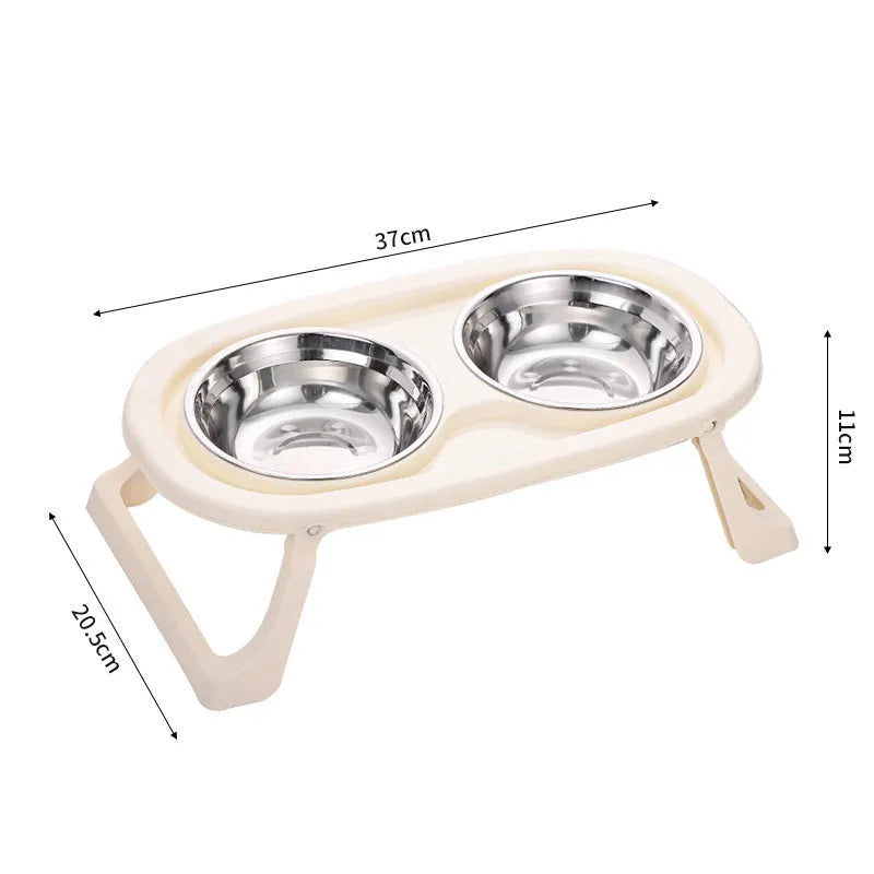 Foldable pet bowl set with dual compartments in white purple and green colours plastic or stainless steel options