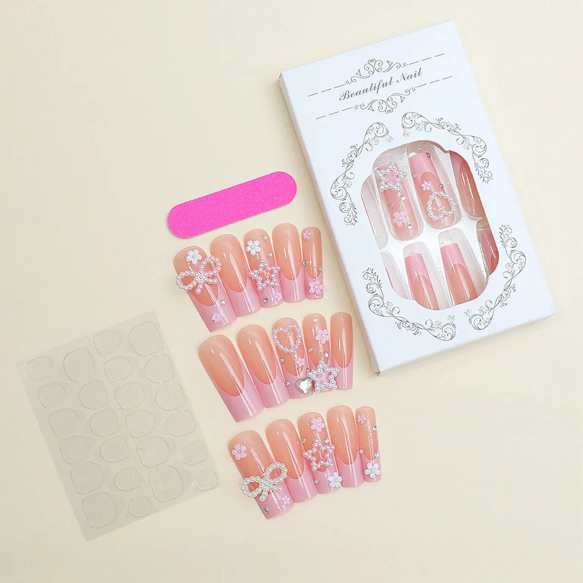 French style artificial nails with blue water pipe pattern, colour XB-70-48.