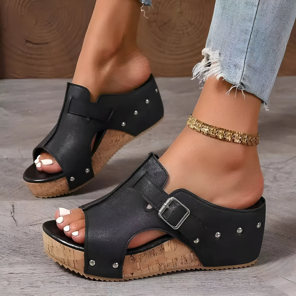 Plus size wedge sandals with rivet detailing, fish mouth toe, in black colour option