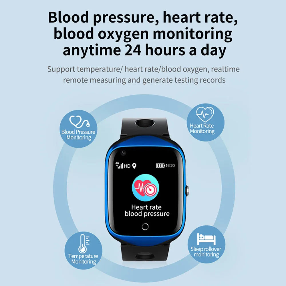 Square-faced black smartwatch for elderly with GPS, SOS button, and silicone strap on wrist