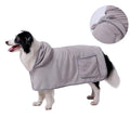 Blue quick drying dog bath robe towel with adjustable waistband placed on a fluffy mat