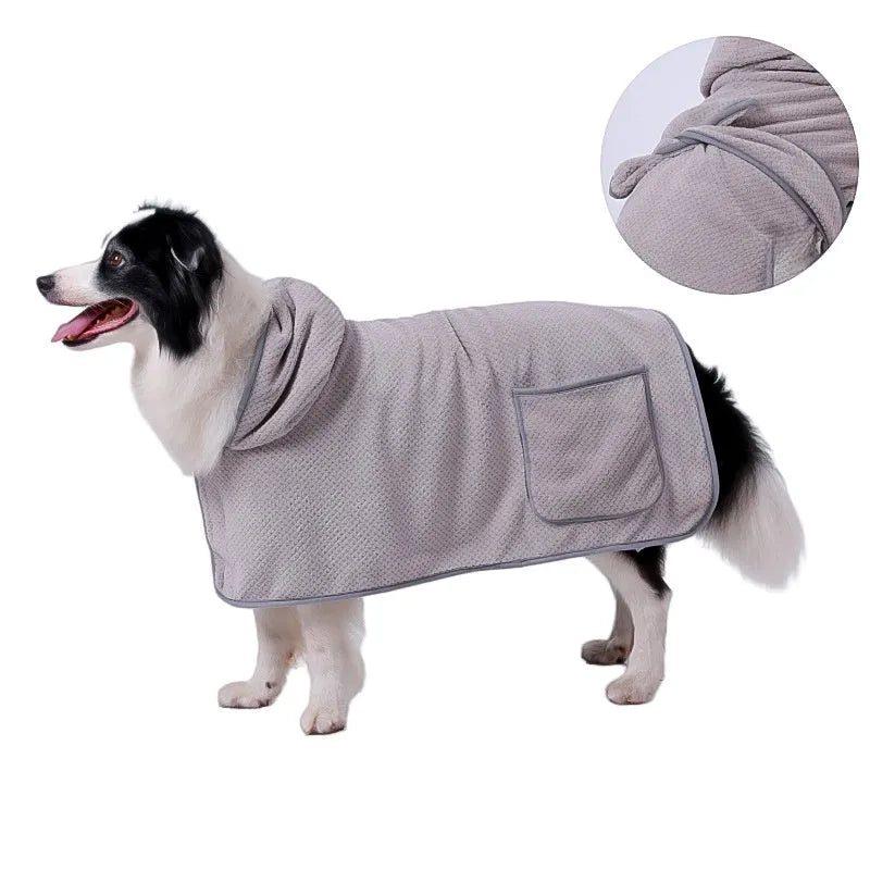 Blue quick drying dog bath robe towel with adjustable waistband placed on a fluffy mat