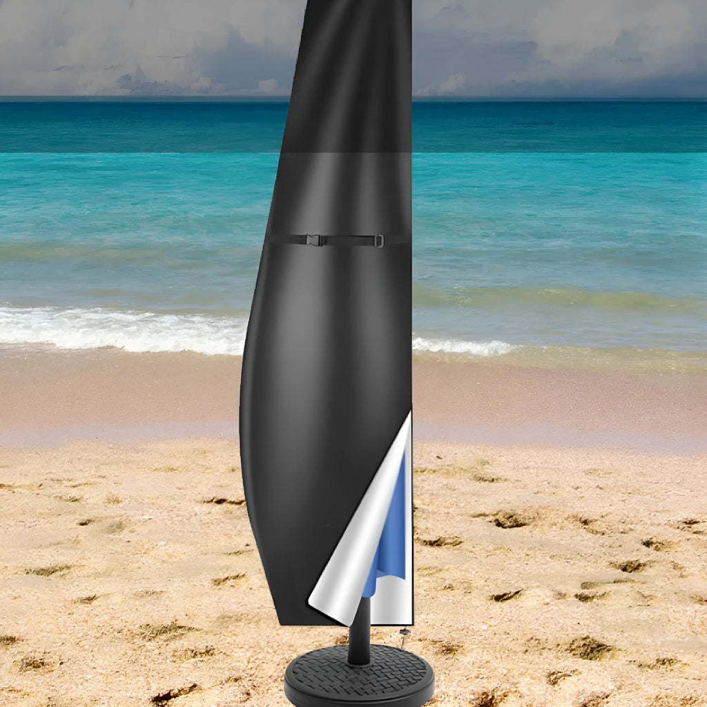 Grey waterproof Oxford cloth cover for a large outdoor offset banana umbrella.