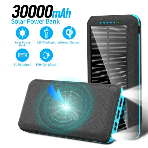 Black wireless power bank with Qi charging pad, three USB ports, and LED flashlight showing capacity display.
