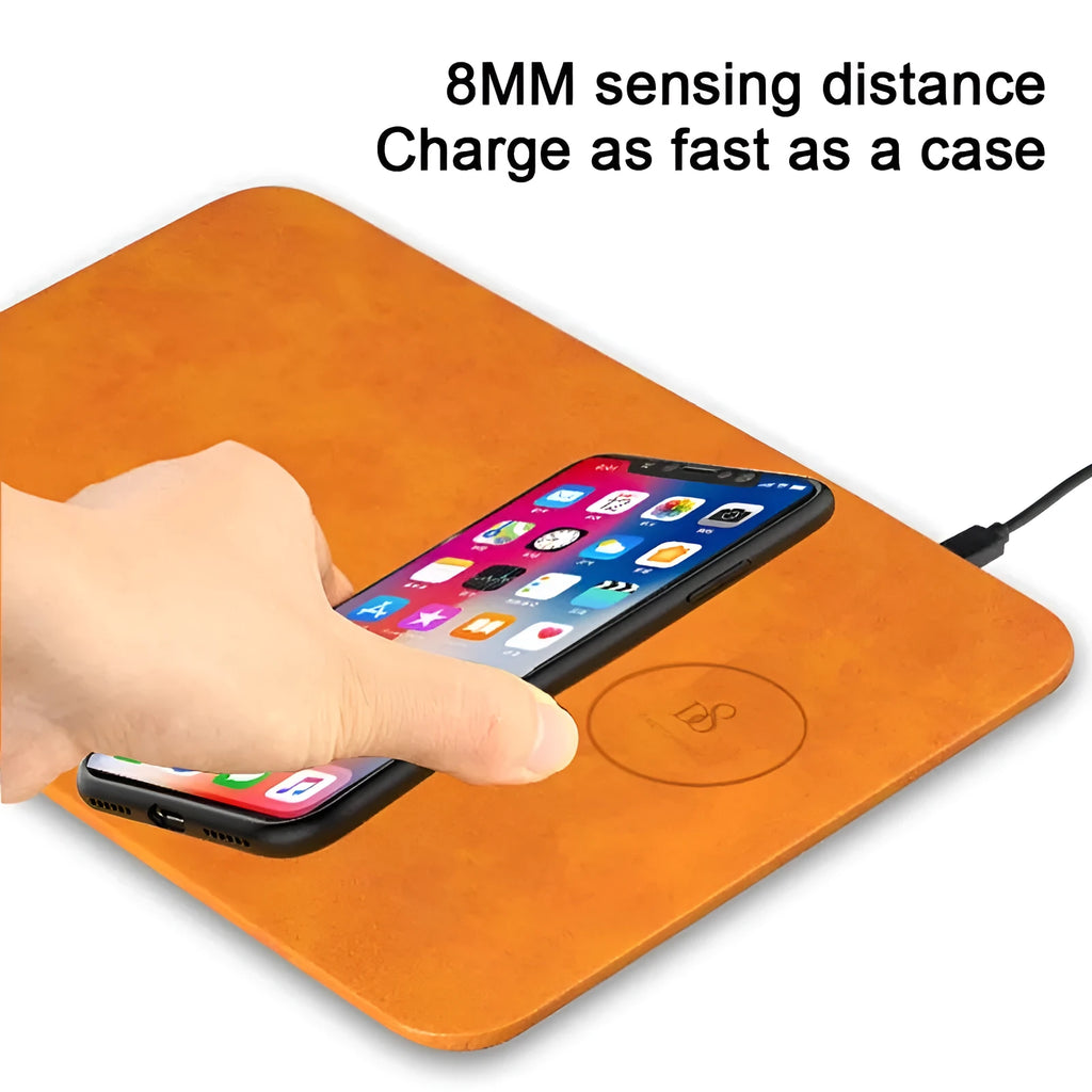 Brown PU leather wireless charging mouse pad with micro USB cable
