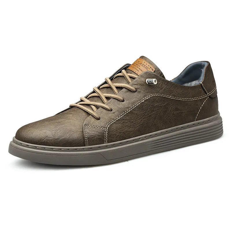 Men's two-layer cowhide casual low-top lace-up sneakers in khaki, round toe, front lace-up closure
