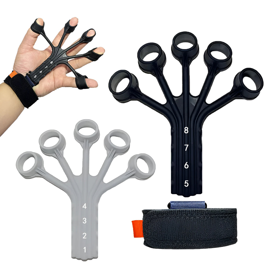 Black silicone finger flexion and extension rehabilitation trainer with adjustable resistance belt