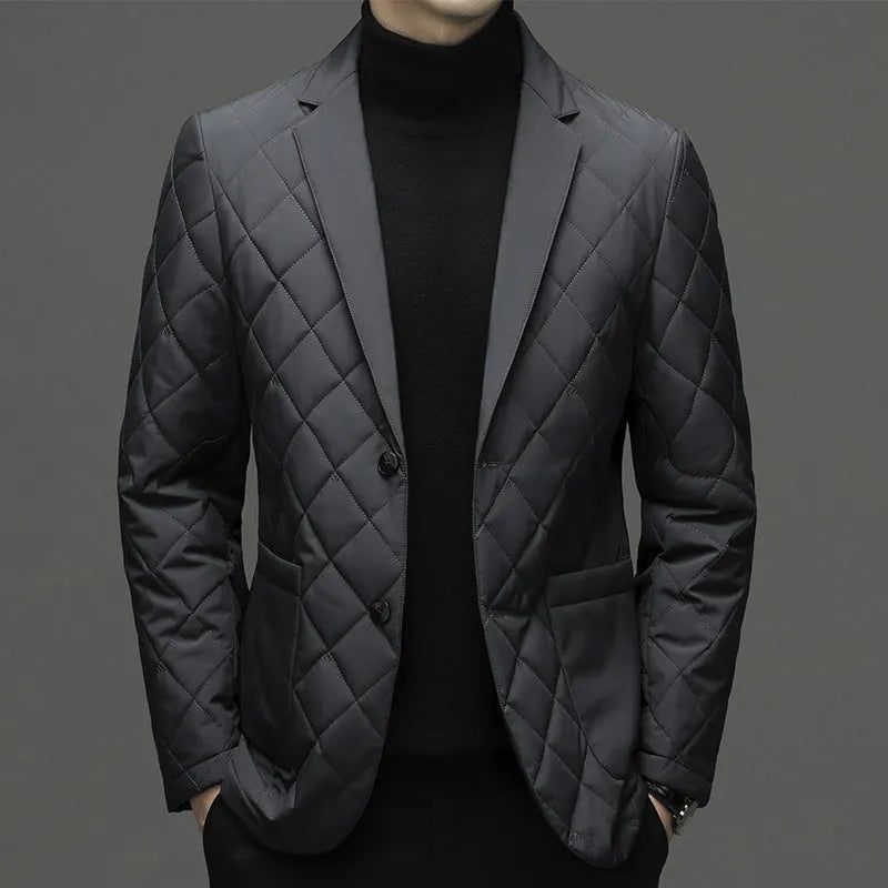 Men's winter down jacket with lapel collar in solid colour with side seam pockets