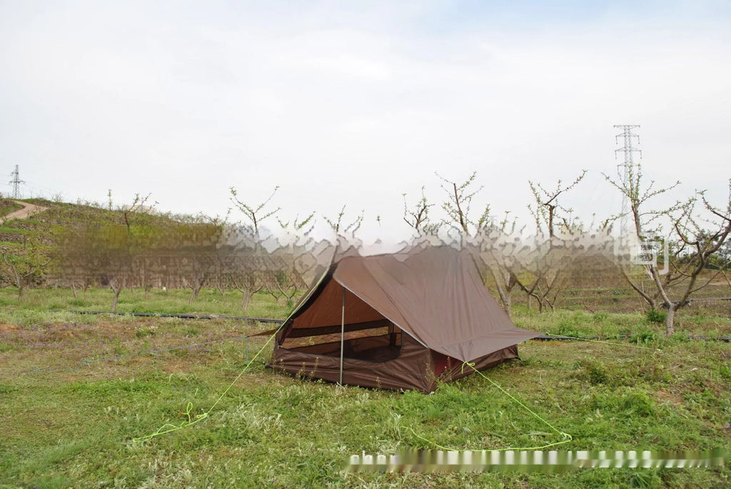 Brown or white A-line hiking tent pitched with hiking poles showing 210x150x110cm dimensions