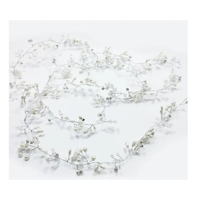 Bride's long hair band with crystal and pearl decoration in gold, silver, or rose gold colour options.