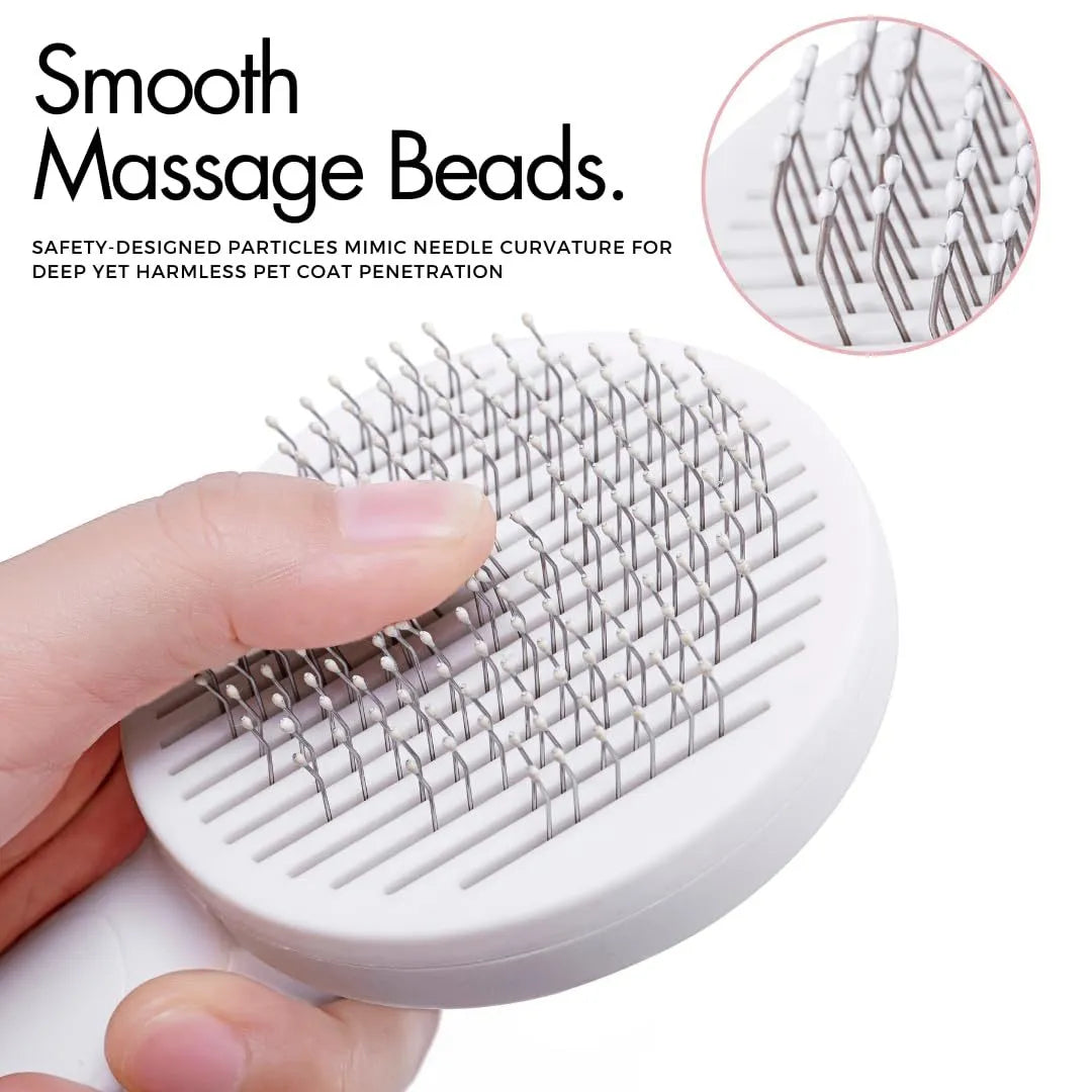 Blue self-cleaning slicker brush for dogs and cats with a non-slip rubber handle.