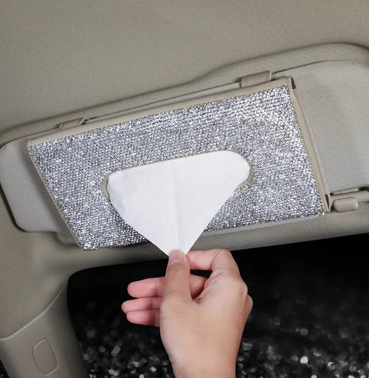 Crystal PU leather hanging sun visor car tissue box with rhinestones, metal clip, and Velcro closure in beige colour