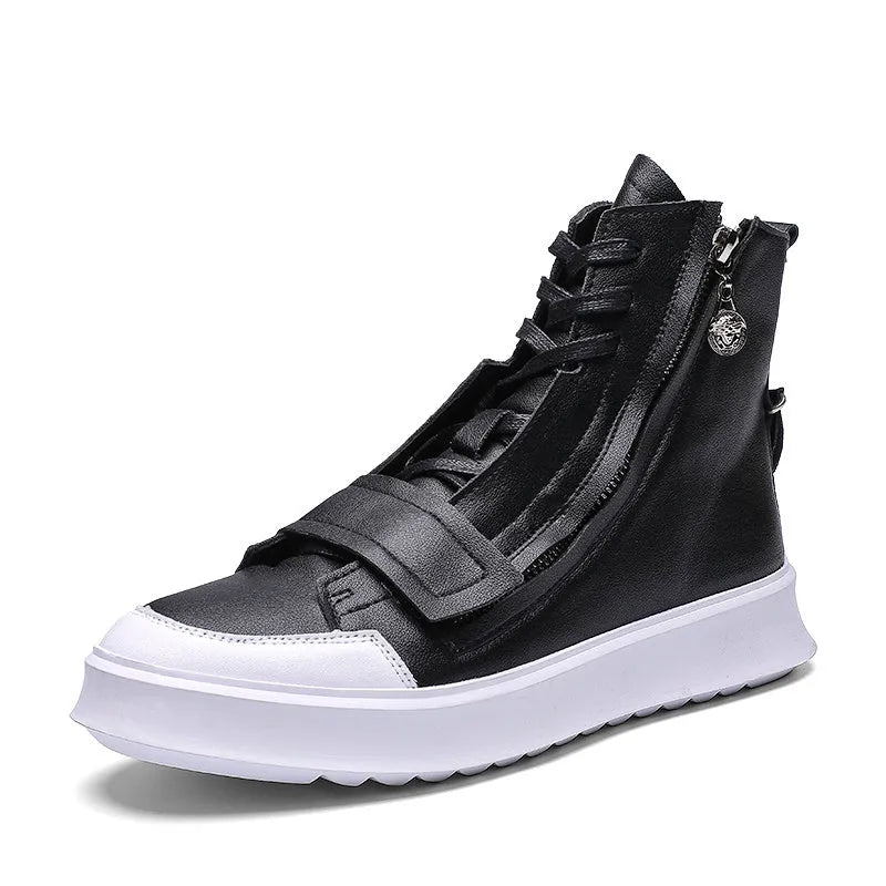 Men's black PU leather winter ankle boots in a high-top sneaker style on a white background.