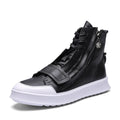 Men's black PU leather winter ankle boots in a high-top sneaker style on a white background.