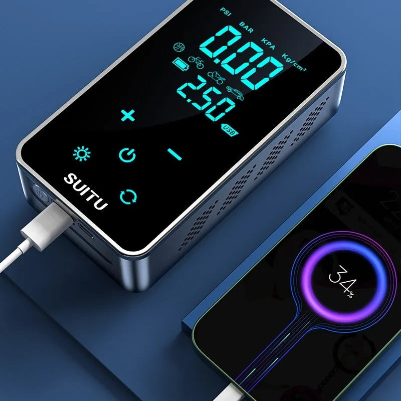 Wireless car tyre pressure inflator with LCD screen showing pressure reading