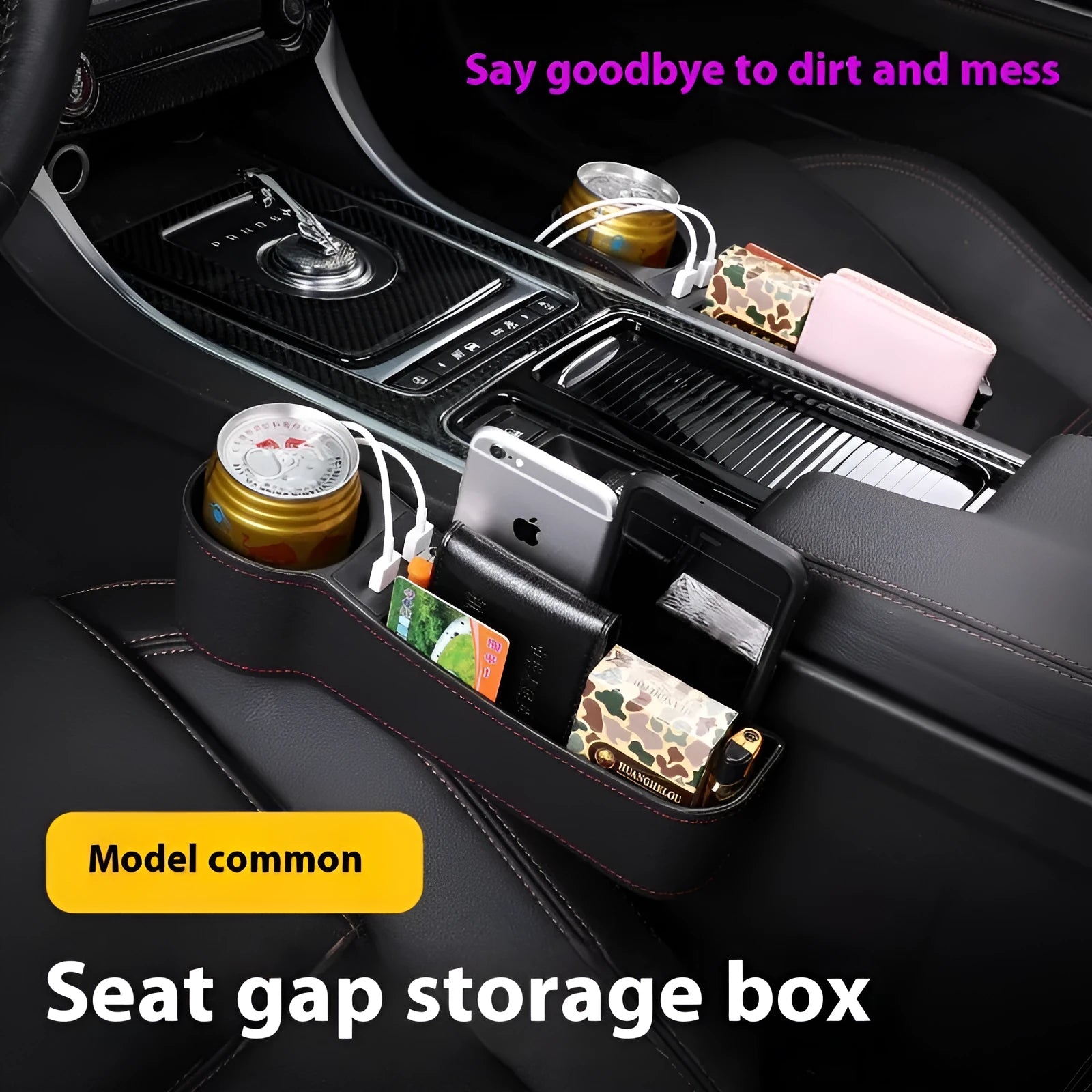 Car seat gap storage box with dual USB ports and PU leather finish in black and red, fitted between seat and centre console