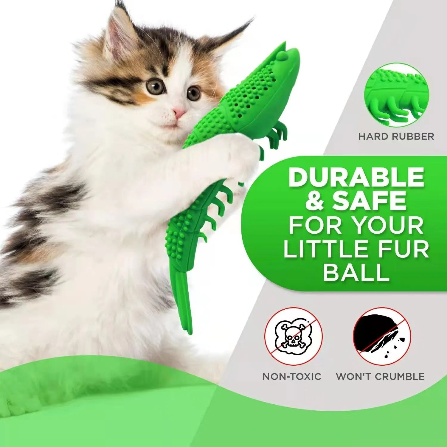 Blue hard rubber cat chew toy with textured surface for dental cleaning containing catnip and bell