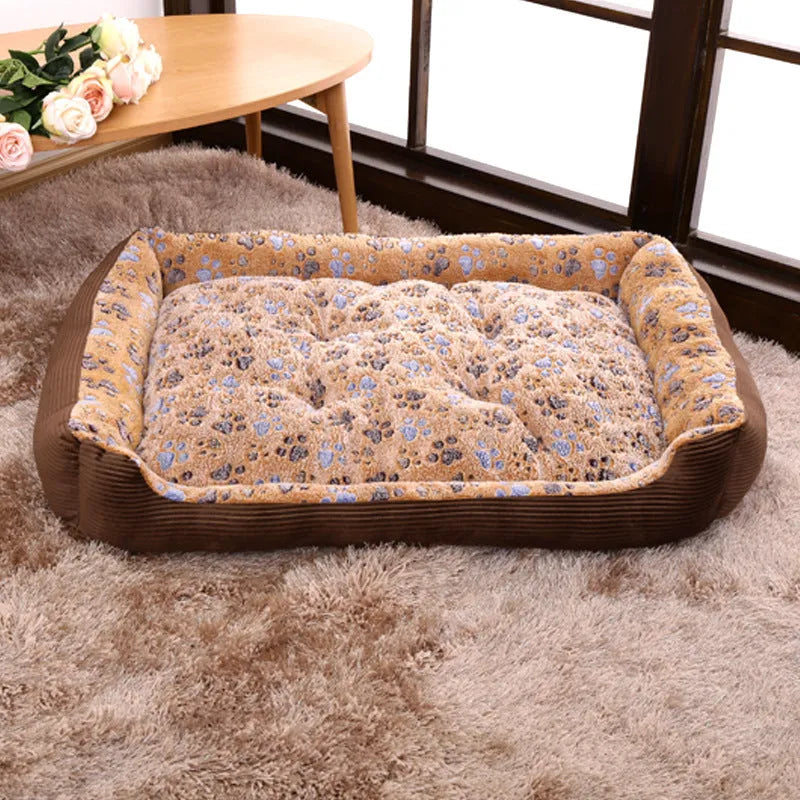 Beige sofa kennel-style dog bed with soft plush fabric and raised foam sides for a small pet.