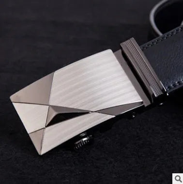 Men's black cowhide leather automatic buckle belt with gold buckle head, 3.55cm width