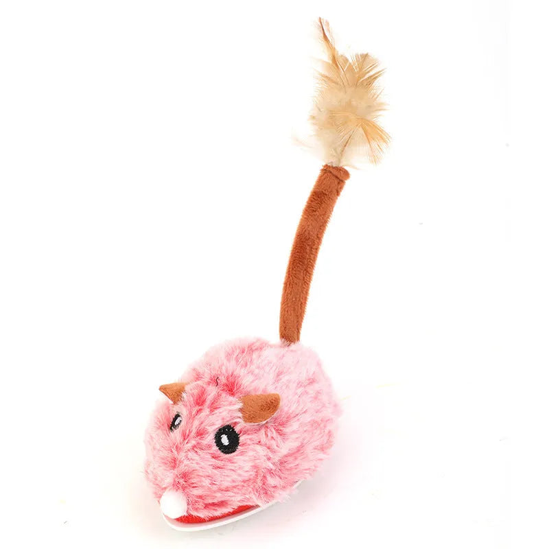 Electric cat toy with a plush mouse on a pole, shown in pink, grey, and purple colour options.