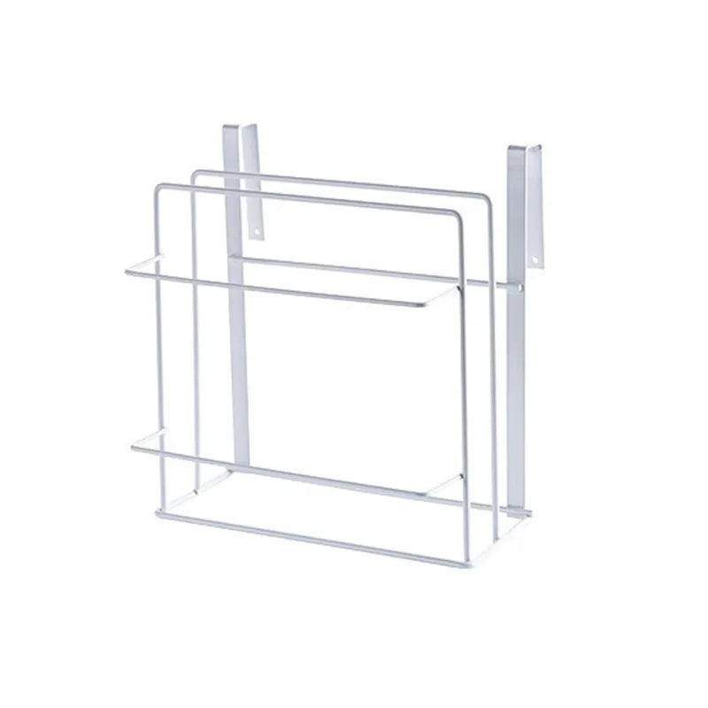 Double-layer iron kitchen storage rack holding towels and chopping board, black finish, wall mounted