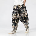 Men's dragon print cross harem trousers with elastic waist and loose leg