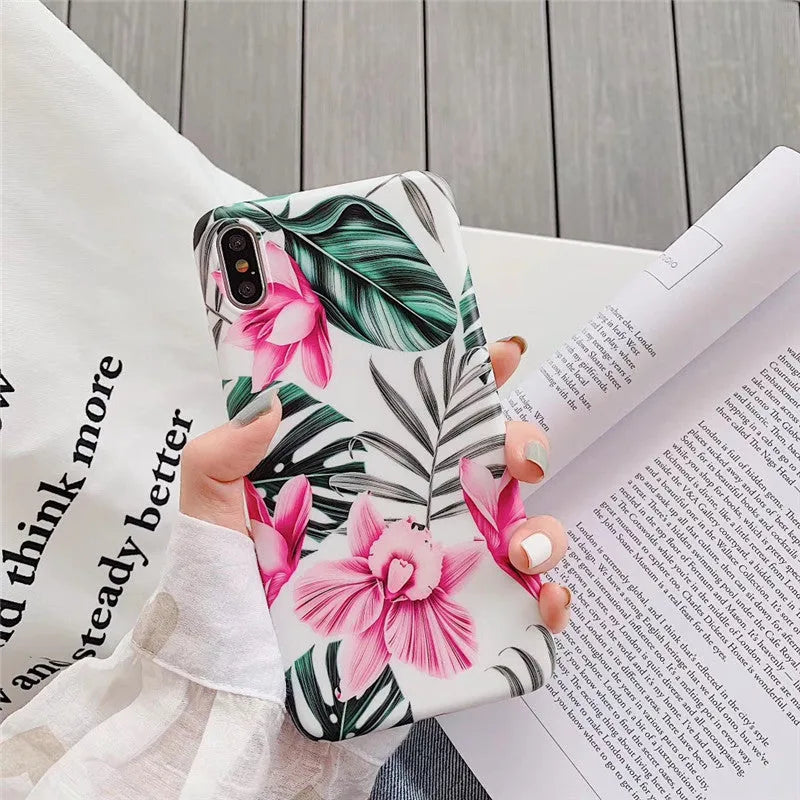 Pink floral TPU back cover case for multiple iPhone models including 11, X, 8, 7 and 6 series