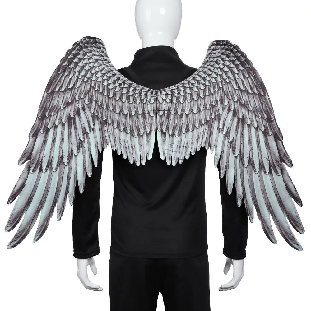 White 3D angel wings costume accessory made from non-woven fabric on child, 33cm by 68cm by 54cm