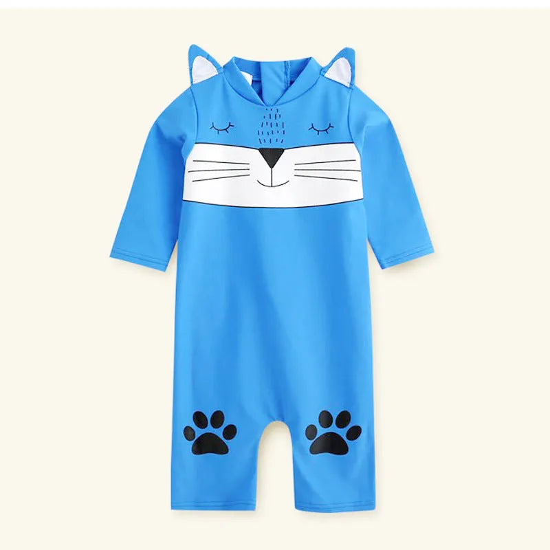 Blue long sleeve one-piece baby swimsuit made of high-elasticity polyester for sun protection and swimming