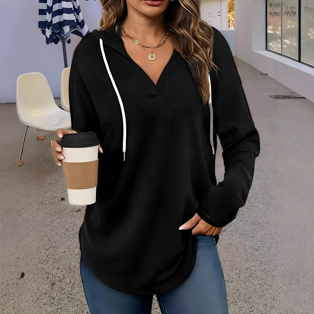 Women's red V-neck hooded sweatshirt with long sleeves in loose fit