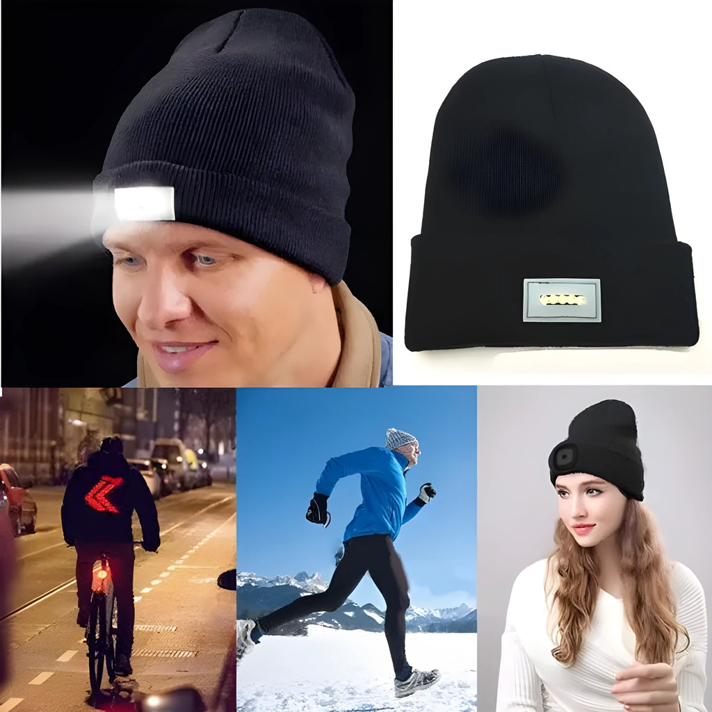 LED headlamp glowing knit warm hat in beige with built-in flashlight for camping