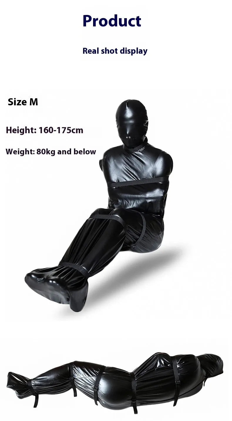 Black patent leather BDSM restraint set with full body wrap and six ratchet straps