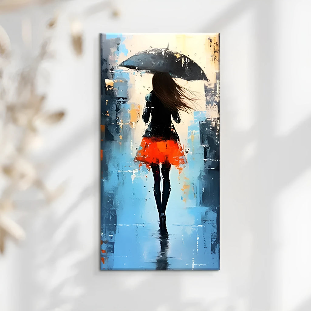 Hand painted abstract oil painting of people walking in rain on canvas, living room wall art, no frame, vertical size