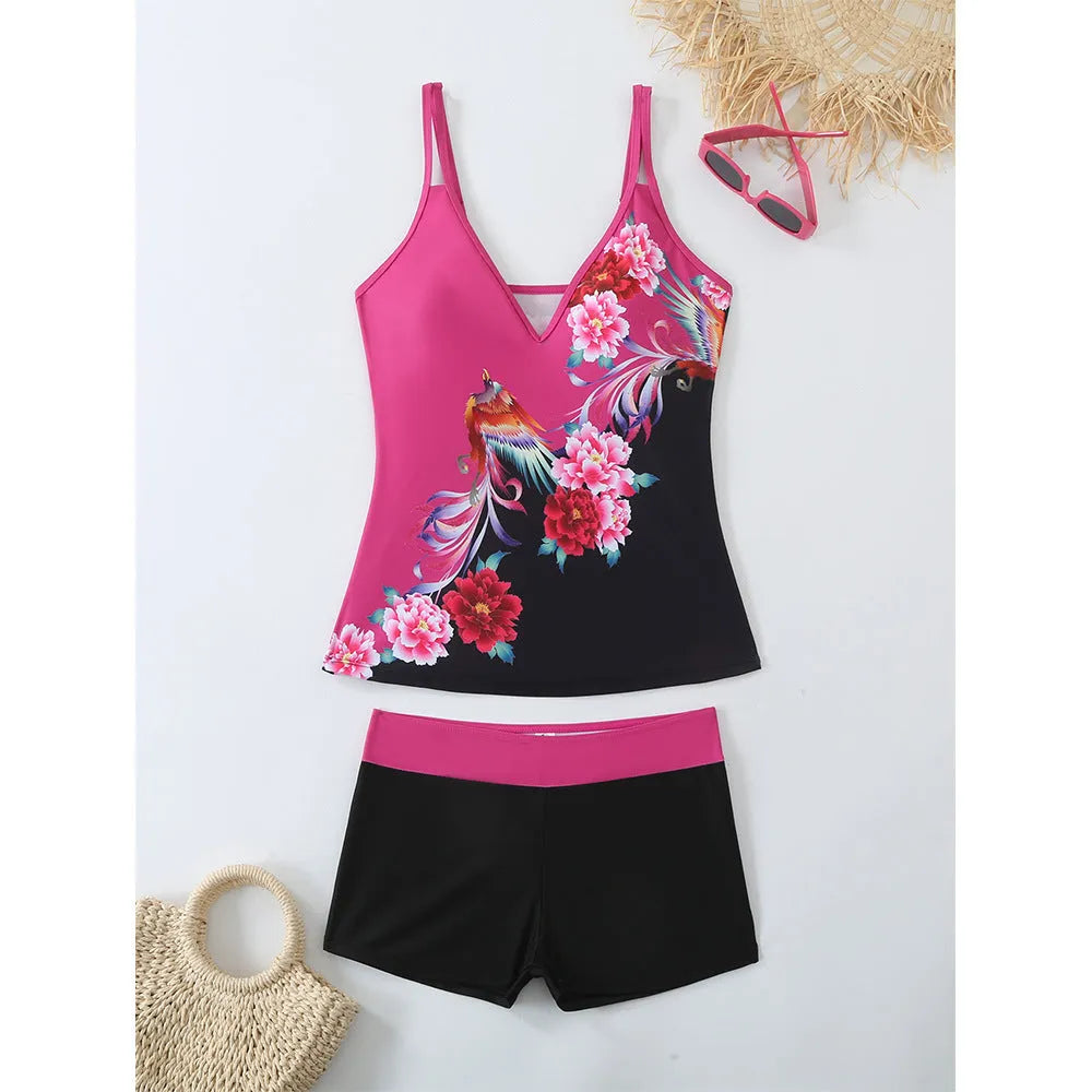 Women's plus size printed colour swimsuit briefs in black and rose red