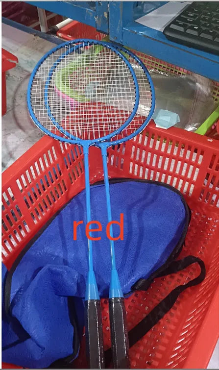 Ultra-light alloy badminton racket set showing blue and red rackets for recreational play