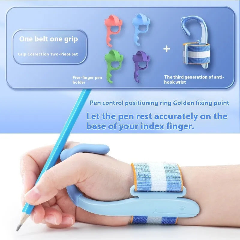 Blue Anti-hook Holder Pen Control Corrector, a wrist brace and pencil grip for children's handwriting.