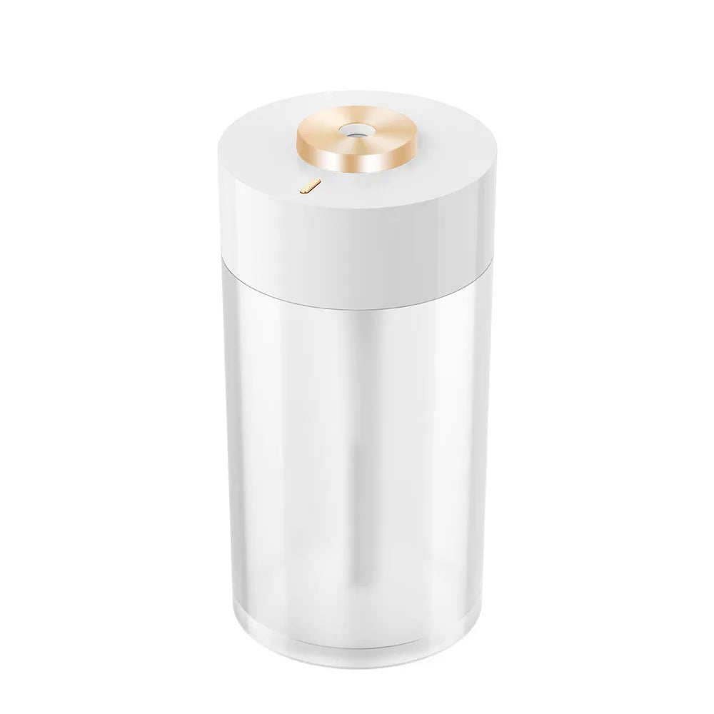Columnar car USB humidifier in ice white with timer, placed in car cup holder