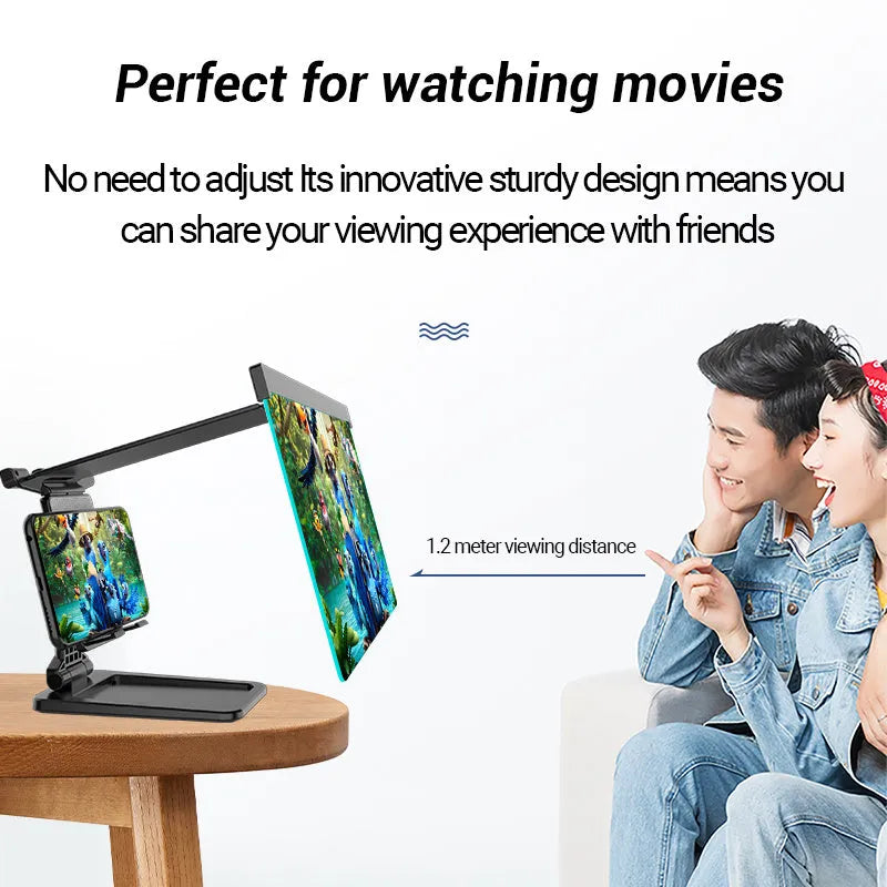 Black folding mobile phone screen amplifier with detachable holder showing 12 inch curved display