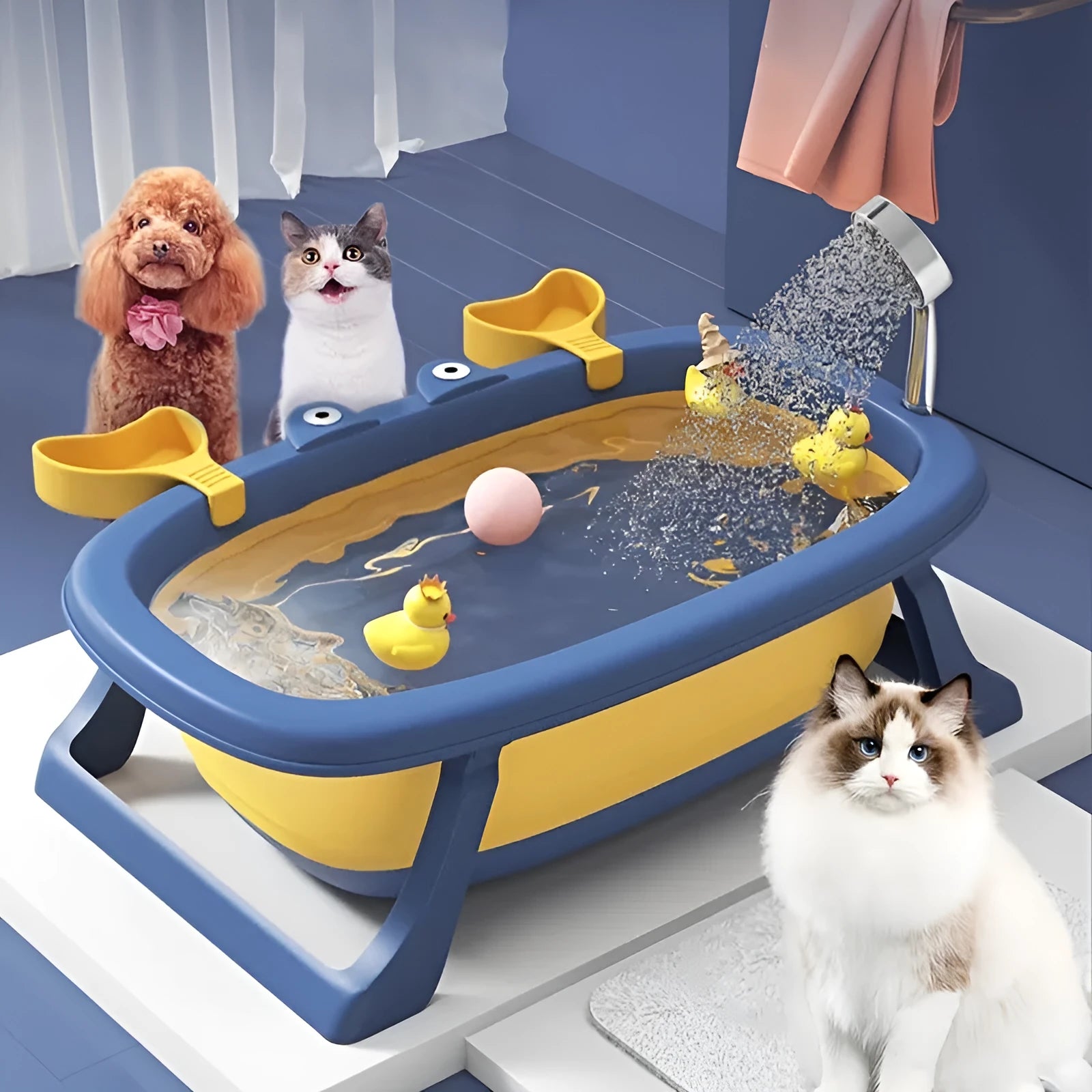Foldable blue portable pet bath tub with removable centrepiece for small dogs and cats.