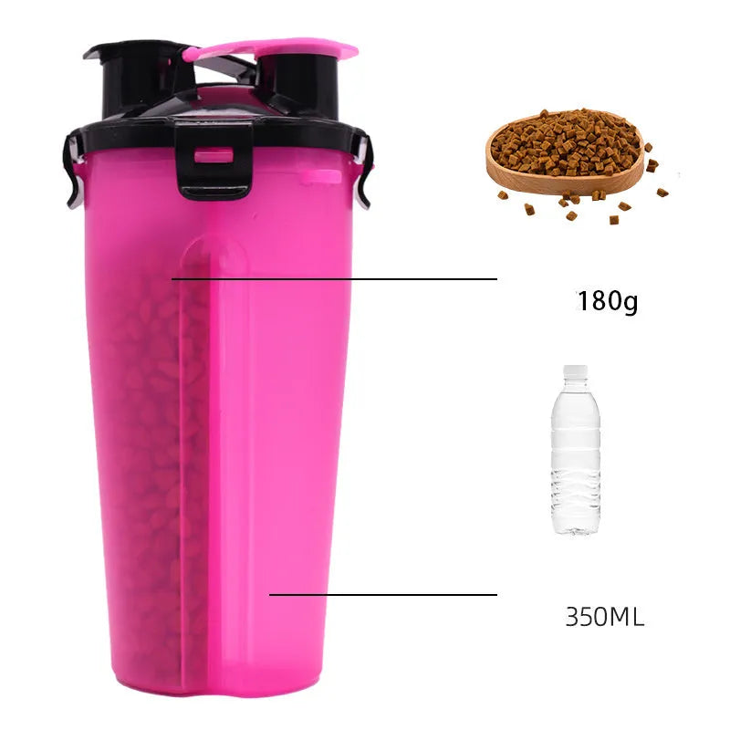 White portable pet water and food cup showing water and food compartments
