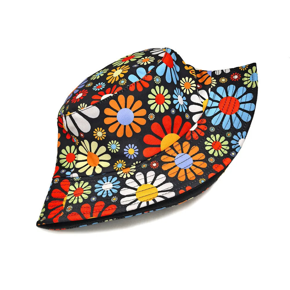Flower pattern bucket sun hat with dome crown in polyester fabric